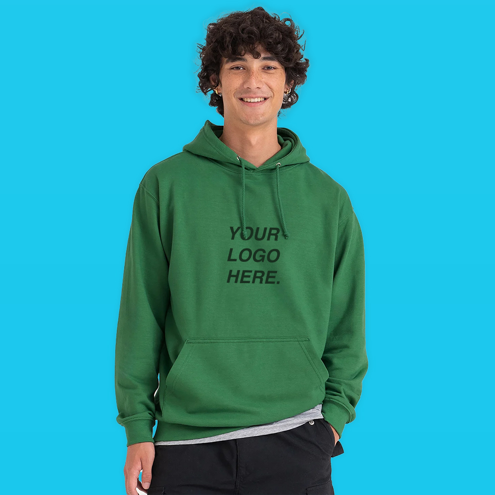 Young man wearing a green hoodie with the words 